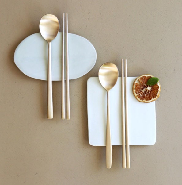 Korean Flatware Modern Basic Gold color Brass Couple Spoon Etsy