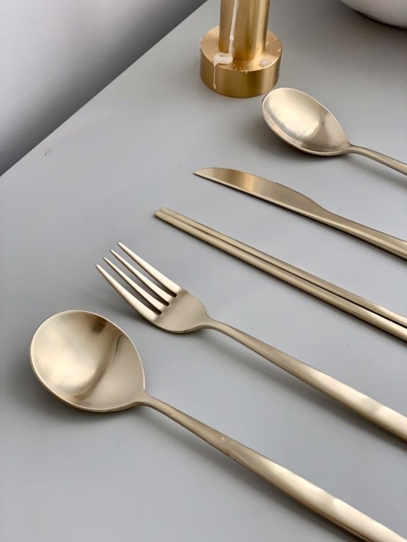 Cozymomdeco / Korean Utensil Gold color stainless steel Set Etsy