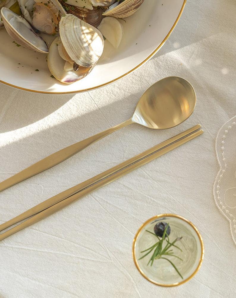 Korean Utensil Flatware Gold color stainless steel Set of 5 Etsy