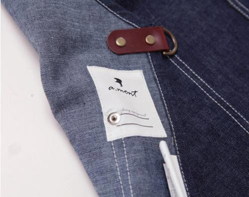 Free shipping-Premium Gift for woman and man Chef Works Handmade Apron Japanese Cross Back Blue denim real cow leather