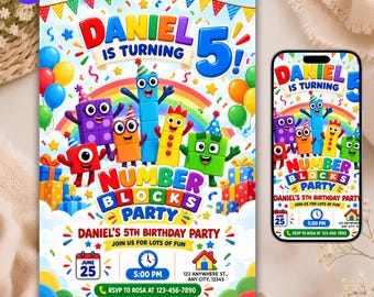 May include: A colourful birthday invitation featuring Numberblocks characters, a rainbow, and balloons. Text reads: Daniel is turning 5, Numberblocks Party, Daniel's 5th Birthday Party, June 25, 5:00 PM, 123 Anywhere St., and RSVP to Rosa at 123-456-7890.