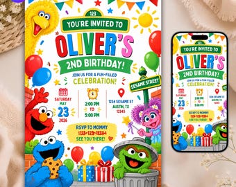 Sesame Street Birthday Invitation, Editable Elmo Party Invite, Kids Birthday Canva Template