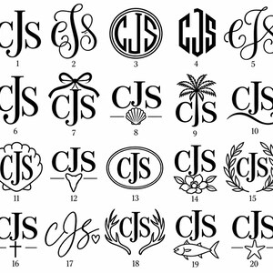 Puede incluir: Una colección de veinte diseños de monogramas en blanco y negro con las letras CJS en varias fuentes y estilos decorativos, incluyendo círculos, hexágonos, conchas, palmeras, flores, coronas, cruces, corazones, astas, peces y estrellas de mar.