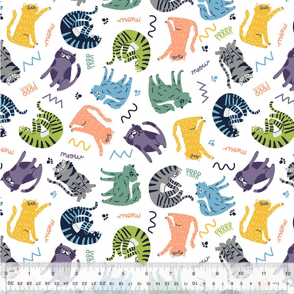 Flannel 'Pawsitively Prrrfect' Cat and Words Meow Against a White Background by the yard – 100% Cotton by Windham 53422F-1
