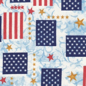 Flannel Patriotic Stars and Stripes on Textured Blue and White fabric by the yard and half-yard – 100% Cotton by Comfy Prints for AE Nathan
