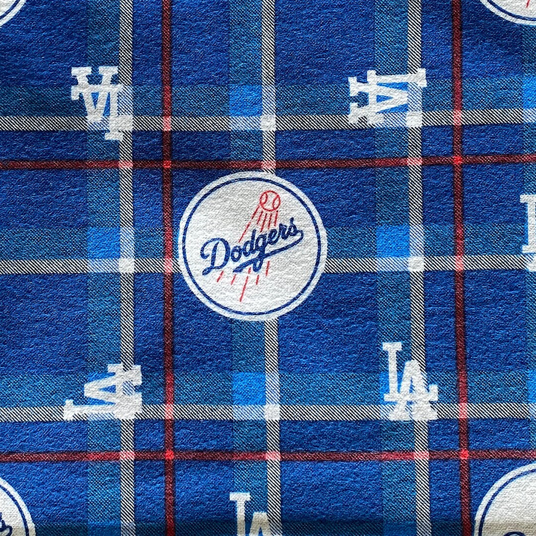 Flannel Logos & Team Name MLB Dodgers Plaid Print on Blue Background by