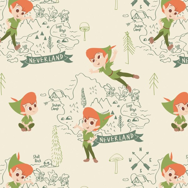 Flannel 'Peter Pan Adventures in Neverland' on Cream Background Fabric by the yard – 100% Cotton by Camelot CAM85330201B-4