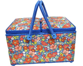 Cosmo Flower Large Double Lid Sewing Basket 12-1/4” x 7-1/2” x  8-1/4” by Liberty of London