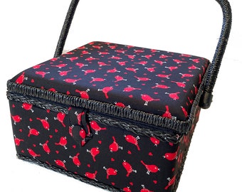 Small Square Sewing Basket in Red Birds Cotton Print with Black Trim 9" x 9" x 5" by Allary