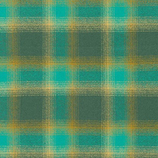 Mammoth Flannel 'Lagoon' Green and Gold on Teal Green Plaid Fabric by the yard – 100% Cotton by Robert Kaufman