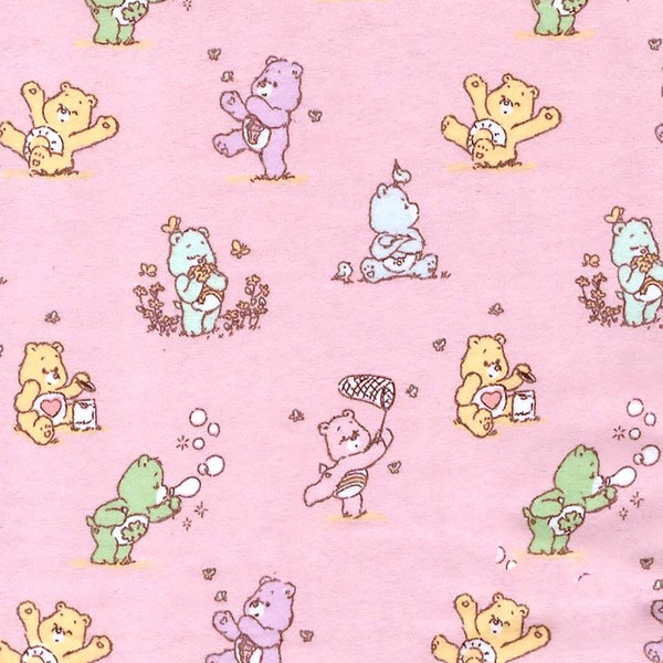 Flannel 'Playful Care Bears'® on Solid Pink Background by the yard and half-yard – 100% Cotton by Camelot