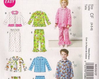 McCall's 6458 Classic Toddler or Boy's and Girl's Pajama Pattern, New (uncut pattern) - Sizes 1-2-3 or 4-5-6