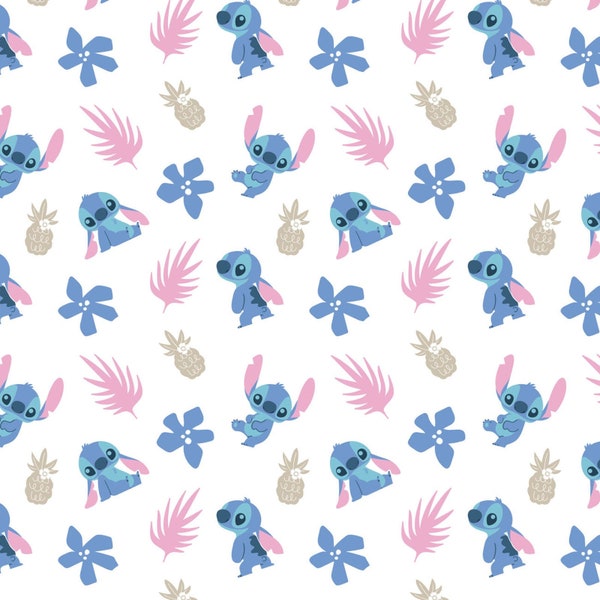 Flannel Lilo and Stitch 'Stitch Garden' on Solid White by the Half-yard & Yard – 100% Cotton Flannel by Camelot  CAM85240201B-01