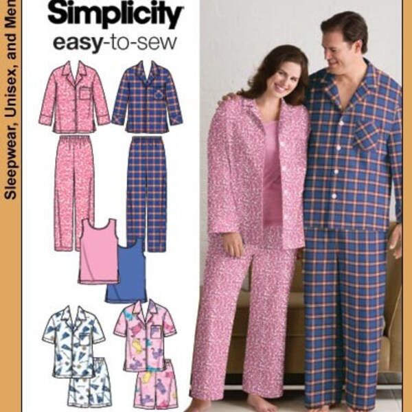 Simplicity 3971 Easy to Sew Women's & Men's Pajama Pattern, In Two Lengths, New (uncut) - Sizes S-M-L or XL-XXL-XXXL