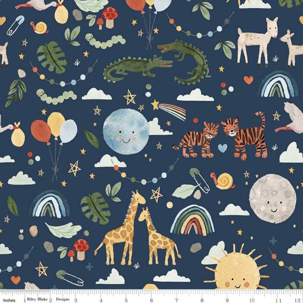 Flannel 'Baby Boy Animals Navy' Animals on Solid Navy by the yard – 100% Cotton by Riley Blake F11445-NAVY