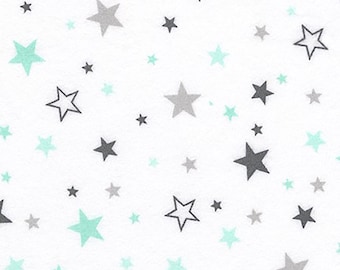 Flannel Cozy Cotton Mint and Gray Stars Fabric by the yard – 100% Cotton by Robert Kaufman