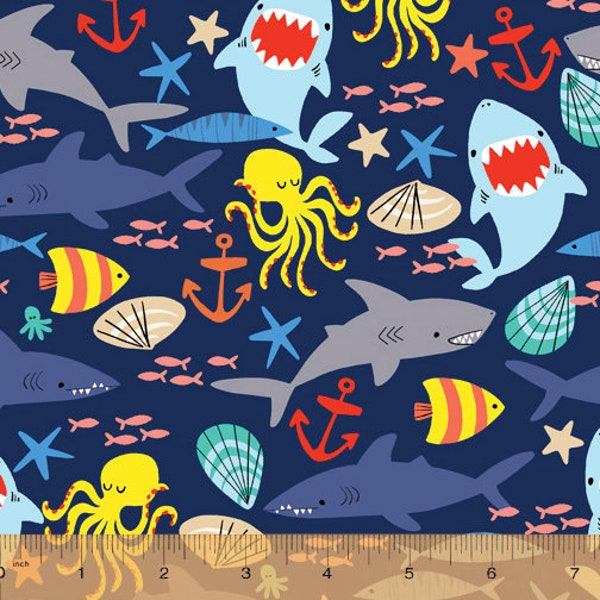 Flannel 'Sea Friends' Sea Creatures in Navy by the yard & half-yard – 100% Cotton by Windham 52710-3