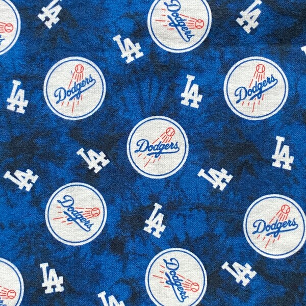 Flannel Logos & Team Name MLB Los Angeles Dodgers Print on Royal Blue 'Tie Dye' Background by the yard – 100% Cotton