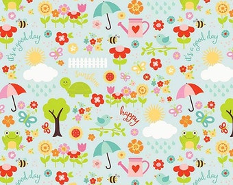 Flannel 'Bloom Where You're Planted' April Showers on Solid Aqua by the yard – 100% Cotton by Riley Blake