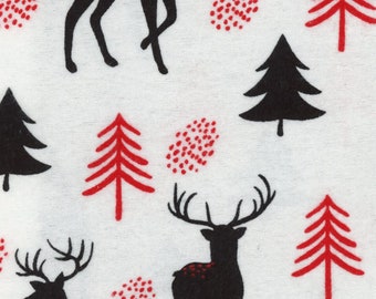 Woodland Deer and Trees on White Flannel by the yard and half-yard – 100% Cotton by EESCO  EESFLPWOO-WHI