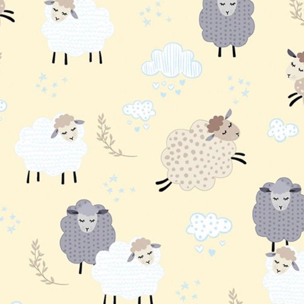 Flannel 'Sweet Dreams Dreamy Sheep' in Buttercup by the half-yard and yard – 100% Cotton Flannel by Kanvas KAS12496F-03