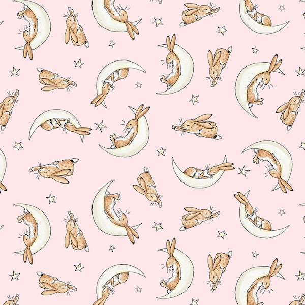 Flannel "Guess How Much I Love You" Sleepy Hares on Baby Pink by the half-yard and yard – 100% Cotton by Windham Y3689-41 Light Pink