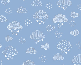 Flannel 'Sweet Dreams Dreamy Clouds' in Medium Blue by the half-yard and yard – 100% Cotton Flannel by Kanvas KAS12494F-50