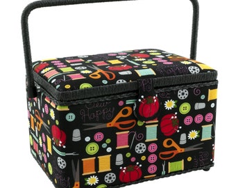 Large Rectangle Sewing Basket in Black Sewing Theme Print 11-1/2” L x 8-3/4” W x 7-1/2” H by Dritz  DRIZ10051-22259