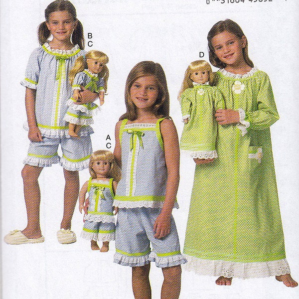 Butterick 6125 Girl and Matching Doll Pajama Pattern or Nightgown Pattern, New (uncut) - Sizes 2-3-4-5 or 6-7-8