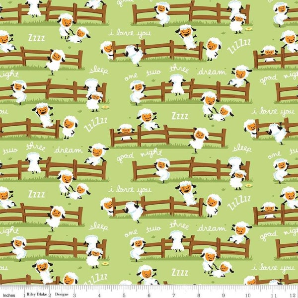 Flannel 'Harmony Farm' Sheep on Solid Light Green Fabric by the yard – 100% Cotton by Riley Blake