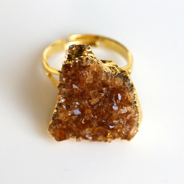 Gold Citrine Druzy Ring. Sparkling Stone Cocktail Ring