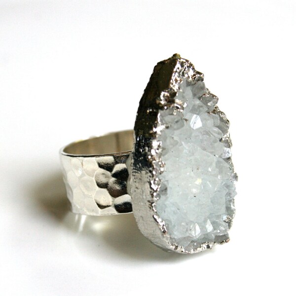 Chunky White Druzy Cocktail Ring Edged in Silver