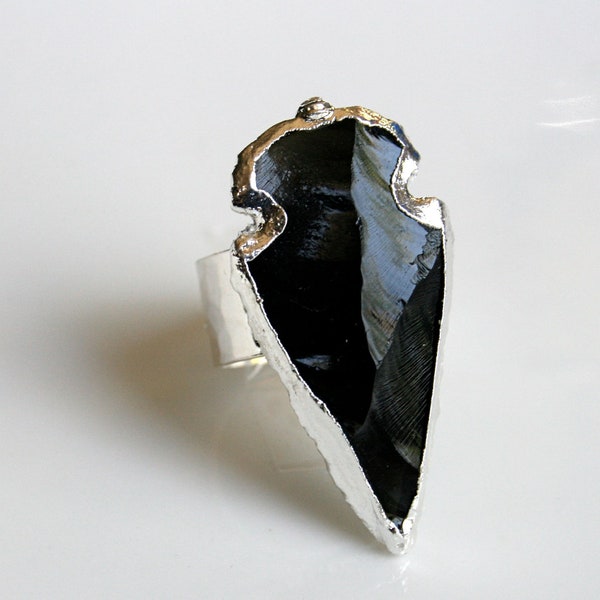 Black Obsidian Arrowhead Ring Edged in Silver