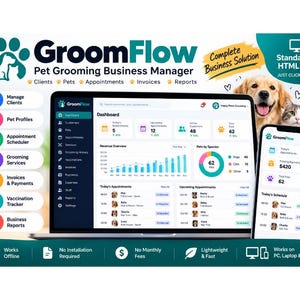 Könnte beinhalten: GroomFlow Software zur Verwaltung von Tierpflegeunternehmen, dargestellt auf einem Laptop- und Smartphone-Bildschirm. Die Benutzeroberfläche zeigt ein Dashboard mit Terminen, Umsatzdiagrammen und Tierprofilen sowie Symbole für Kunden.