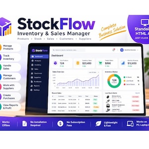 Könnte beinhalten: Ein Laptop zeigt das Dashboard des StockFlow Inventory & Sales Managers. Die Benutzeroberfläche enthält Diagramme, Verkaufsdaten und den Lagerstatus. Die Grafik enthält Textbeschriftungen für Funktionen wie Manage Products und Track Inventory.