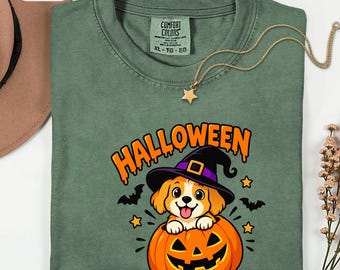 Halloween Dog Shirt: Puppy in Witch Hat Pumpkin (DTF Print)