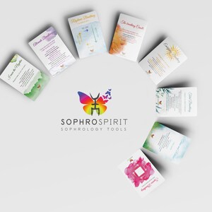 May include: A set of eight rectangular instructional cards arranged in a semi-circle around a central logo featuring a colourful butterfly and the text SOPHROSPIRIT SOPHROLOGY TOOLS. Each card displays unique watercolour illustrations and text.