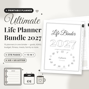 Op de afbeelding: Een printbare 2027 Ultimate Life Planner Bundle met 15 planners in één map. De omslag toont de tekst The Life Binder 2027, 15 planners in one binder en diverse iconen. Bevat 278 pagina's, A5 en US Letter formaten.
