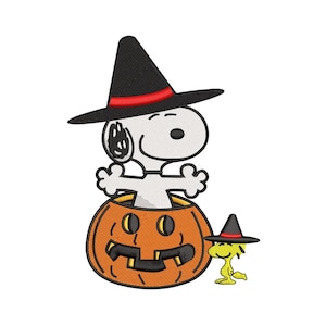 May include: An embroidered patch featuring a white dog wearing a black witch hat with a red band, sitting inside an orange jack-o'-lantern pumpkin. Beside the pumpkin stands a small yellow bird wearing a matching black witch hat with a red band.
