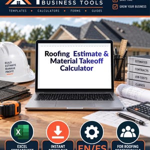 May include: A laptop displaying Roofing Estimate & Material Takeoff Calculator on a wooden desk with a white hard hat, measuring tape, calculator, pens, and a stack of books labeled Estimates, Contracts, Job Costs, and Clients.