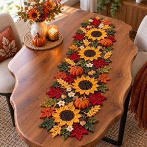 Könnte beinhalten: Ein langer, rechteckiger Häkel-Tischläufer mit einem wiederkehrenden Muster aus gelben Sonnenblumen, roten und grünen Ahornblättern, kleinen weißen Blumen, orangefarbenen Kürbissen und braunen Eicheln, gefertigt mit detaillierten Garnstrukturen.