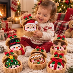 Puede incluir: Un conjunto de seis cajas de regalo tejidas a ganchillo con temática navideña, cada una con una tapa extraíble decorada con un lazo rojo y hojas verdes. Las figuras incluyen un Santa Claus, un muñeco de nieve, un reno, un árbol de Navidad, un hombre de jengibre y un regalo.