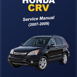 Op de afbeelding: Een digitaal documentomslag voor een Honda CRV Service Manual (2007-2009) met een zwarte SUV. De tekst luidt HONDA CRV Service Manual (2007-2009) met een rood PDF-pictogram en een gele knop onderaan met het label PDF DOWNLOAD.