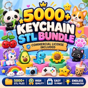 Op de afbeelding: Een digitale collectie van 5000+ STL-bestanden voor sleutelhangers met diverse 3D-karakterontwerpen zoals een panda, een eenhoorn, een avocado, een dinosaurus, een zonnebloem, een kat en een gamecontroller. De tekst 5000+ KEYCHAIN STL BUNDLE staat afgebeeld.