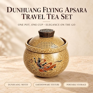 Pode incluir: Um conjunto de chá de viagem Dunhuang Flying Apsara com um bule de barro bege salpicado, tampa de madeira escura e coador. O bule exibe uma figura pintada em laranja e preto. Texto: Dunhuang Flying Apsara Travel Tea Set, One Pot, One Cup, Elegance on the Go, Dunhuang Motif, Earthenware Texture, Portable Storage.