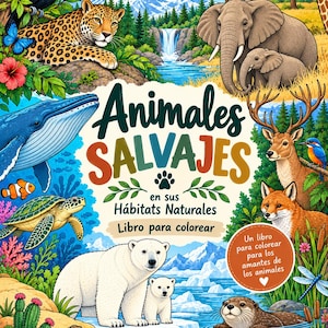 May include: A coloring book cover titled Animales Salvajes en sus Hábitats Naturales featuring a vibrant illustration of diverse wildlife including a leopard, elephant, whale, polar bear, deer, fox, toucan, and various aquatic animals in natural settings.