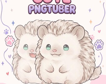 May include: A digital illustration of two light brown and white hedgehogs with large green eyes and small fangs. The text CUTE PNGTUBER appears at the top in pink and purple bubble letters, surrounded by small pink paw prints and stars.