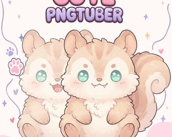 May include: A digital illustration of two light brown, fluffy squirrel-like characters with large green eyes featuring star-shaped highlights. The text CUTE PNGTUBER appears in purple and pink bubble letters above the characters, surrounded by paw prints.