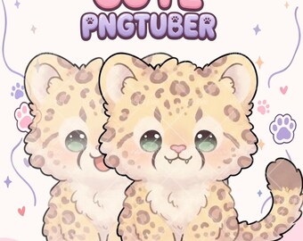 May include: A digital illustration of two cartoon leopard cubs with large green eyes and spotted fur. The text CUTE PNGTUBER is displayed in large, rounded, light pink and purple letters above the cubs, surrounded by small stars and paw prints.
