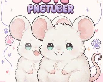 May include: A digital illustration of two white mice with large ears, sparkling green eyes, and small fangs. The text CUTE PNGTUBER appears at the top in pink and purple bubble letters. The background features small purple paw prints and hearts.